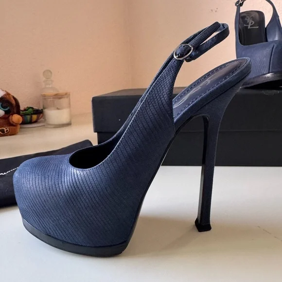 Saint Laurent Navy Blue Suede Tribtoo Slingback Heels 105mm - Picture 8 of 15